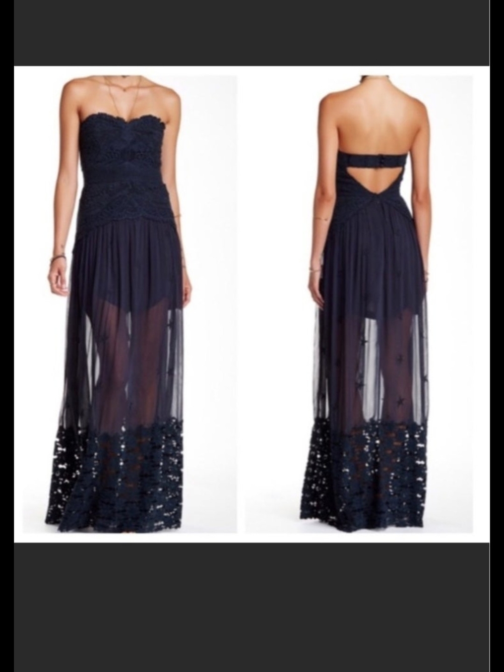 Free People Blue Monarch Gown Strapless Navy Lace & Sheer Maxi Dress B8